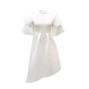 Women Summer Ruffled Sleeve Solid Color Swing Midi Cocktail Wedding Dress